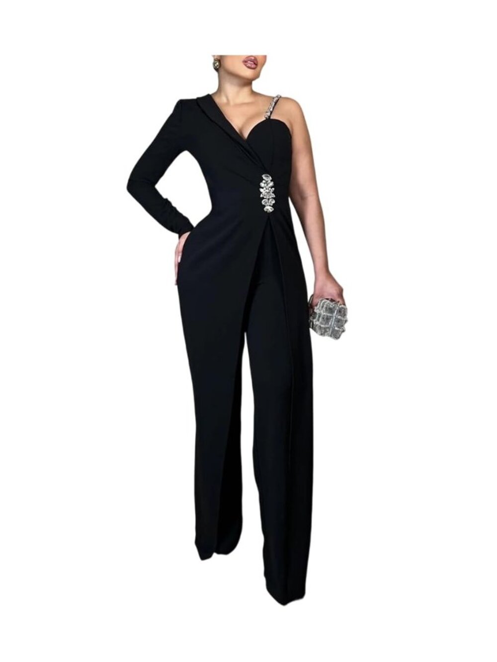 Women's One Piece Jumpsuit Rhinestone Decor Wide Leg Jumpsuit Dressy